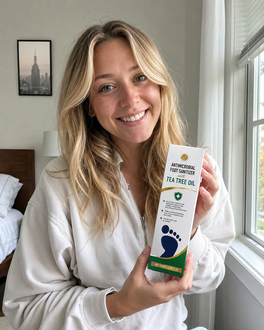 Woman holding Beauty Britain Tea Tree Oil Antimicrobial Foot Sanitiser spray bottle after shower