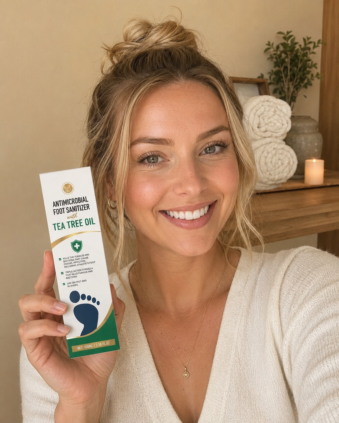 Woman smiling holding Beauty Britain Tea Tree Oil Foot Sanitiser box outdoors