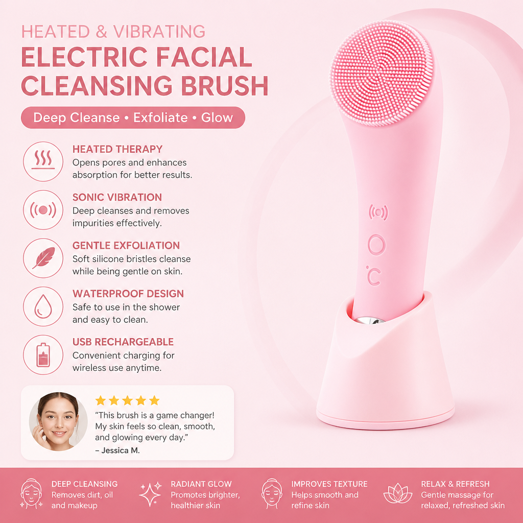 Heated & Vibrating Electric Facial Cleansing Brush with Gentle Exfoliation & Massage