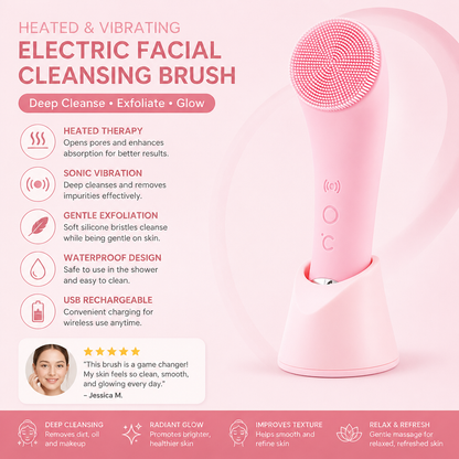 Heated & Vibrating Electric Facial Cleansing Brush with Gentle Exfoliation & Massage