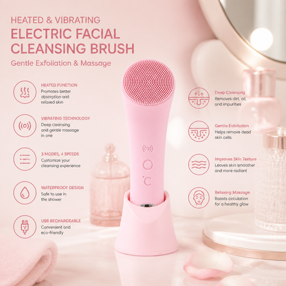 Heated & Vibrating Electric Facial Cleansing Brush with Gentle Exfoliation & Massage