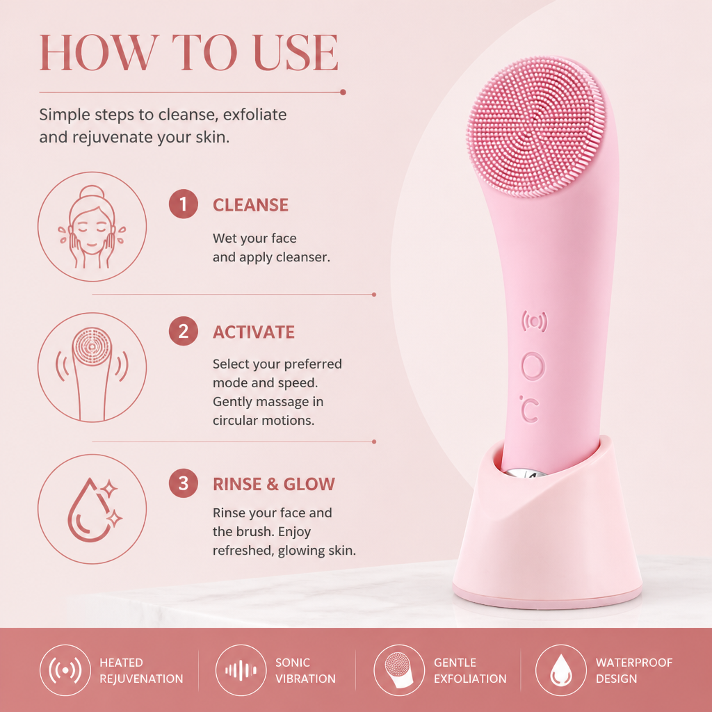 Heated & Vibrating Electric Facial Cleansing Brush with Gentle Exfoliation & Massage