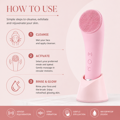 Heated & Vibrating Electric Facial Cleansing Brush with Gentle Exfoliation & Massage