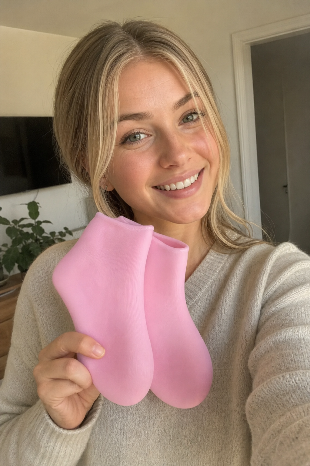Beauty Britain customer using the Silicone Gel Moisturizing Spa Socks