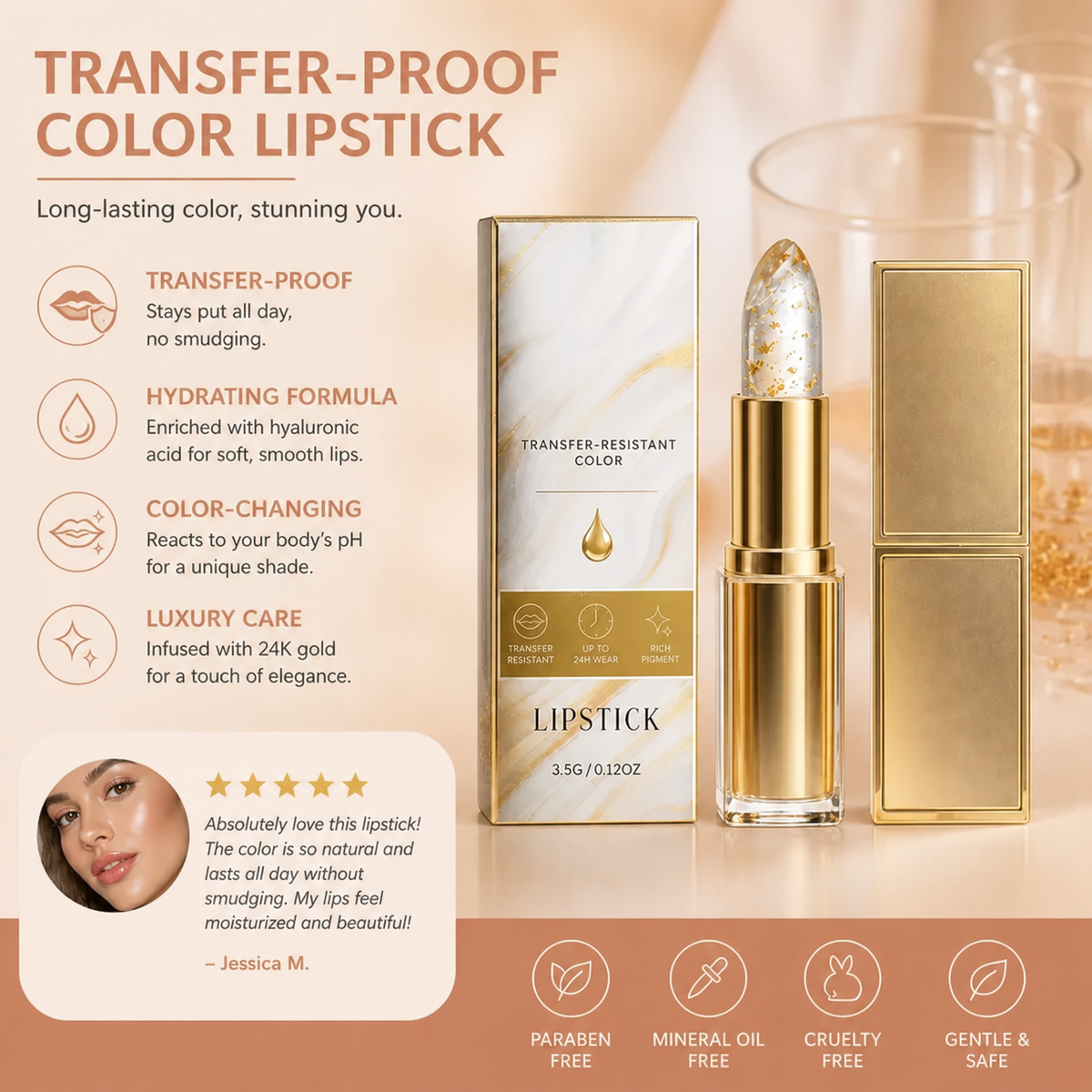Transfer-Proof Color-Changing Lip Balm with Hyaluronic Acid & Gold